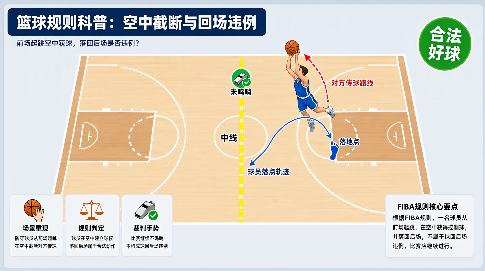 篮球场示意图：蓝衣球员前场起跳、空中接球，箭头标出其落回后场的轨迹；红色虚线为传球路线；中线旁有"未鸣哨"哨子图标，右上角绿圆标"合法好球"。