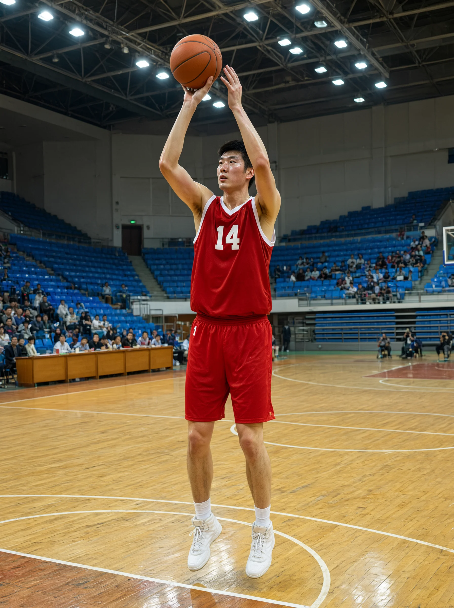室内篮球馆中，一名身穿红色14号球衣和红色短裤的球员跳起，双手将篮球举过头顶准备投篮，背景为木地板球场、蓝色看台座椅和零星观众。